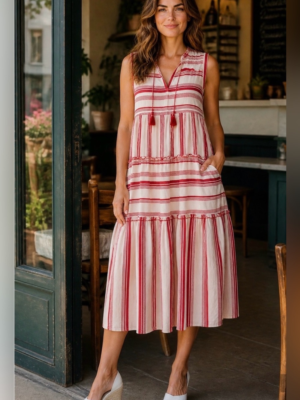 Charter Club Womens Cotton Sleeveless Midi Dress Red Barn Combo M